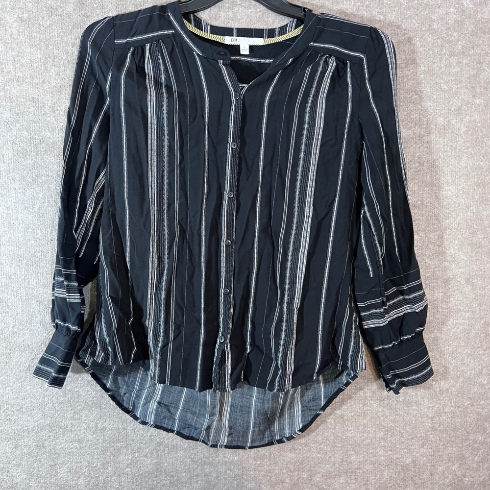 DR2 Button Up Top Women Small Black White Striped Rayon Lightweight Minimalist
